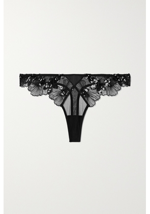 Fleur du Mal - + Net Sustain Embellished Embroidered Recycled-tulle Thong - Black - 1,2,3,4,5