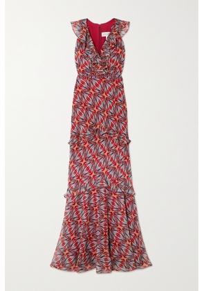 Saloni - Rita Ruffled Printed Silk-crepe Maxi Dress - Red - UK 4,UK 6,UK 8,UK 10,UK 12,UK 14,UK 16