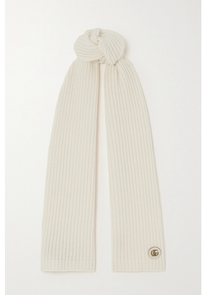 Gucci - Embellished Leather-trimmed Ribbed Wool And Cashmere-blend Scarf - Ivory - One size