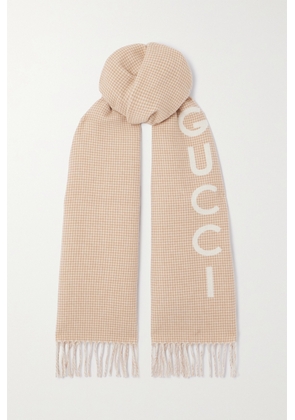 Gucci - Fringed Houndstooth Wool And Cashmere-blend Scarf - Brown - One size