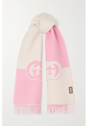 Gucci - Fringed Logo-jacquard Wool And Cashmere-blend Scarf - Pink - One size