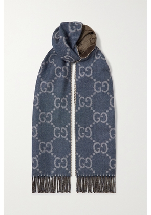 Gucci - Reversible Fringed Logo-jacquard Wool Scarf - Blue - One size