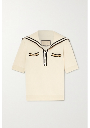 Gucci - Embellished Striped Wool-piqué Polo Shirt - Neutrals - XXS,XS,S,M,L,XL,XXL
