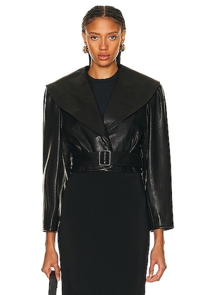 FRAME Cropped Belted Leather Jacket in Black - Black. Size L (also in XS).