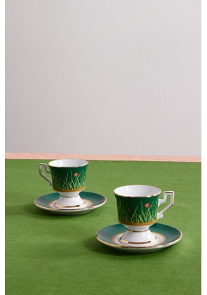 La DoubleJ - Set Of Two Gold-plated Painted Porcelain Espresso Cups And Saucers - Green - One size