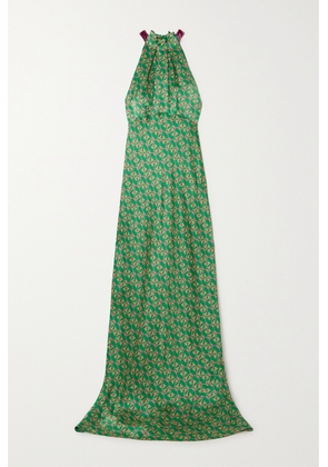 Saloni - Michelle Velvet-trimmed Floral-print Hammered Silk-satin Maxi Dress - Green - UK 6,UK 8,UK 12,UK 14,UK 16,UK 10