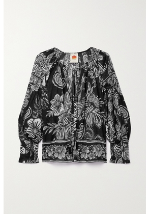 Farm Rio - Tie-detailed Bead-embellished Printed Cotton-voile Blouse - Black - xx small,x small,small,medium,large,x large