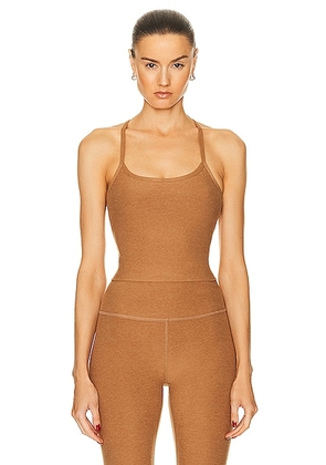 Beyond Yoga Spacedye Slim Racerback Cropped Tank Top in Caramel Toffee Heather - Tan. Size M (also in S, XS).