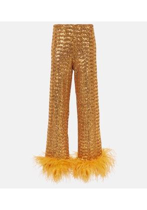 Oséree Feather-trimmed embellished wide-leg pants