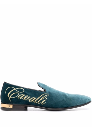 Roberto Cavalli logo embroidered velvet slippers - Green