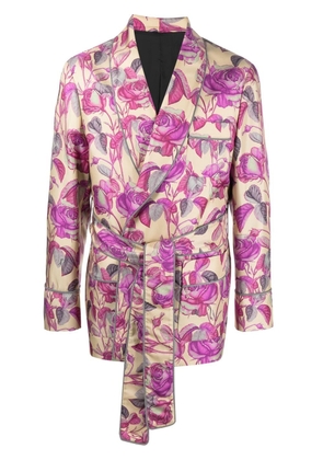 Roberto Cavalli rose-print belted silk blazer - Neutrals