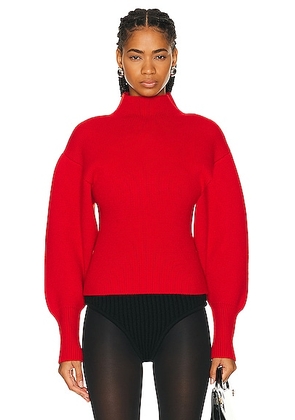 Ferragamo Turtleneck Puff Sleeve Knit Bodysuit in Red - Red. Size L (also in M, S).