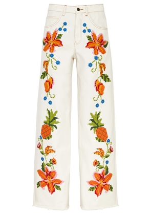 Farm Rio Floral Embroidered Wide leg Jeans, Dress, Jeans Embroidered - White - M