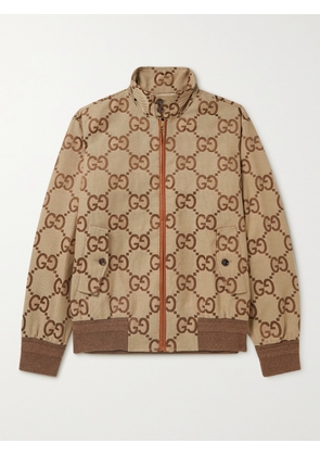 Gucci - Logo-Jacquard Leather-Trimmed Cotton-Blend Canvas Bomber Jacket - Men - Brown - IT 44