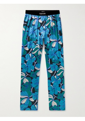 TOM FORD - Straight-Leg Velvet-Trimmed Printed Stretch-Silk Pyjama Trousers - Men - Blue - S