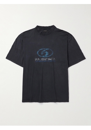 Balenciaga - Distressed Logo-Print Cotton-Jersey T-Shirt - Men - Black - S