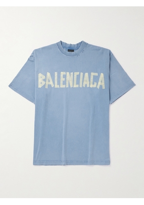 Balenciaga - Oversized Distressed Logo-Print Cotton-Jersey T-Shirt - Men - Blue - S