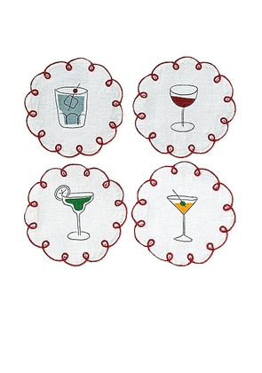 Misette Embroidered Linen Coasters Set Of 4 in Red  Blue  Amber  & Green - White. Size all.