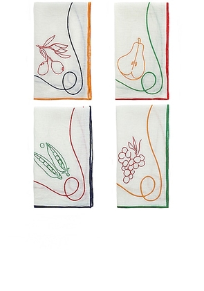Misette Embroidered Linen Napkins Set Of 4 in Multicolor Fruits & Veggies - White. Size all.