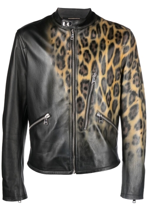 Roberto Cavalli leopard print leather bomber jacket - Black