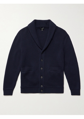 Dunhill - Shawl-Collar Suede-Trimmed Ribbed Merino Wool Cardigan - Men - Blue - S