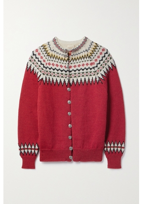 BODE - Oslo Fair Isle Intarsia Wool Cardigan - Red - x small,small,medium,large,x large