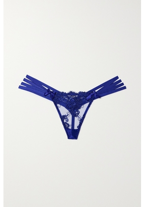 Agent Provocateur - Dioni Stretch-silk Satin-trimmed Embroidered Tulle Thong - Blue - 1,2,3,4,5