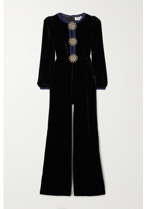 Saloni - Camille Embellished Crepe-trimmed Velvet Jumpsuit - Black - UK 4,UK 6,UK 8,UK 10,UK 12,UK 14,UK 16