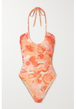 Peony - + Net Sustain Ruched Floral-print Stretch-econyl® Halterneck Swimsuit - Pink - x small,small,medium,large,x large