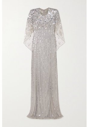 Jenny Packham - Nettie Cape-effect Embellished Sequined Tulle Gown - Silver - UK 6,UK 8,UK 10,UK 12,UK 14,UK 16,UK 18,UK 20,UK 22