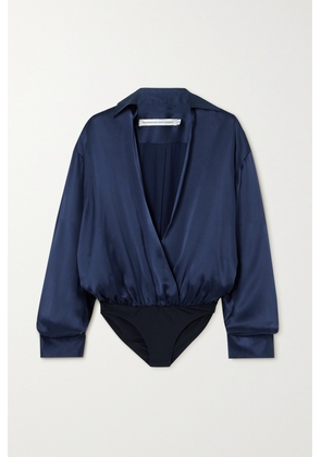 Christopher Esber - Silk Springs Wrap-effect Stretch Jersey-trimmed Silk-satin Bodysuit - Blue - UK 6,UK 8,UK 10,UK 12,UK 14