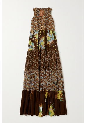Yvonne S - + Net Sustain Tie-detailed Tiered Floral-print Cotton-voile Maxi Dress - Brown - x small,small,medium,large,x large