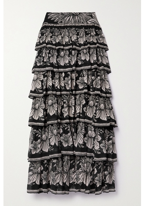 Farm Rio - Tiered Floral-print Georgette Maxi Skirt - Black - xx small,x small,small,medium,large,x large