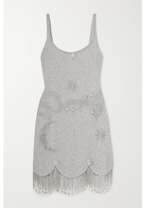 Clio Peppiatt - Charm Fringed Embellished Stretch-mesh Mini Dress - Silver - x small,small,medium,large,x large