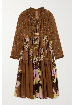 Yvonne S - + Net Sustain Tie-detailed Tiered Floral-print Cotton-voile Midi Dress - Brown - x small,small,medium,large,x large