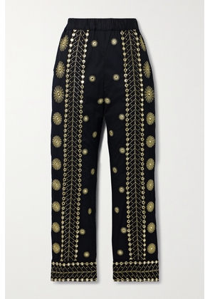 Farm Rio - Embroidered Embellished Cotton Straight-leg Pants - Black - xx small,x small,small,medium,large,x large