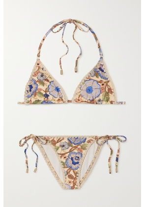 Zimmermann - Junie Metallic Crochet-trimmed Floral-print Triangle Bikini - Ivory - 0,1,2,3,4