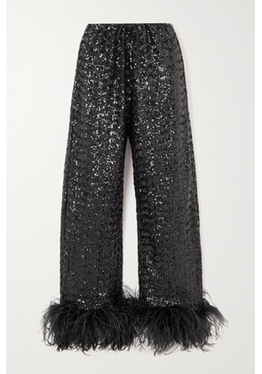 Oséree - Feather-trimmed Sequined Satin Straight-leg Pants - Black - small,medium,large,x large