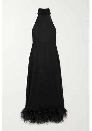 Oséree - Lumière Halterneck Feather-trimmed Metallic Stretch-knit Maxi Dress - Black - small,medium,large,x large