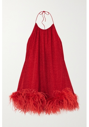 Oséree - Lumière Feather-trimmed Metallic Stretch-knit Halterneck Mini Dress - Red - S/M,M/L