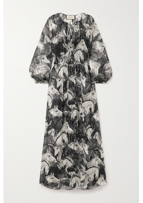 Gucci - Embellished Printed Drawstring Metallic Crepe Maxi Dress - Gray - IT40,IT42,IT44