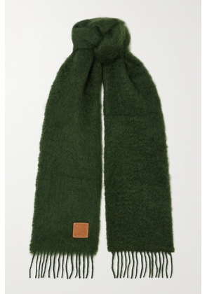 Loewe - Fringed Leather-trimmed Mohair-blend Scarf - Green - One size