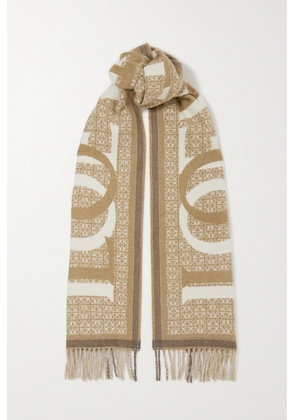 Loewe - Love Fringed Wool And Cashmere-blend Jacquard Scarf - Neutrals - One size