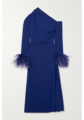 16ARLINGTON - Adelaide One-shoulder Feather-trimmed Crepe Midi Dress - Blue - UK 4,UK 6,UK 8,UK 10,UK 12,UK 14,UK 16