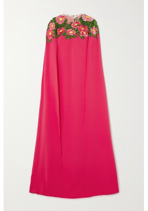Oscar de la Renta - Camellia Cape-effect Appliquéd Tulle-trimmed Stretch-silk Gown - Red - x small,small,medium,large,x large
