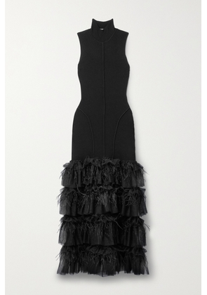 Sea - Misha Feather-trimmed Tulle And Ribbed Wool Maxi Dress - Black - xx small,x small,small,medium,large,x large