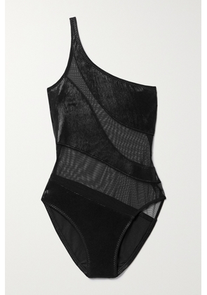 Norma Kamali - Snake One-shoulder Mesh-paneled Lamé Swimsuit - Black - x small,small,medium,large,x large