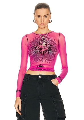 Jean Paul Gaultier Printed Safe Sex Tattoo Long Sleeve Crew Neck Top in Pink Shocking - Pink. Size M (also in L, S, XS).