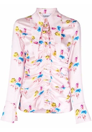GANNI floral-print ruched shirt - Pink