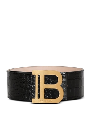 Balmain Leather Croc-Embossed Logo Belt